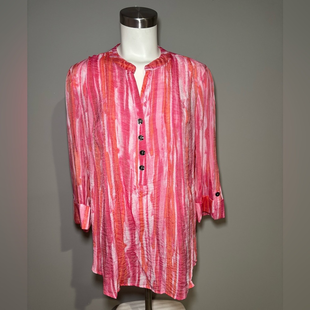 Cocomo Woman Size 2X Pink and Orange Striped Button-Front Tunic Top Like New